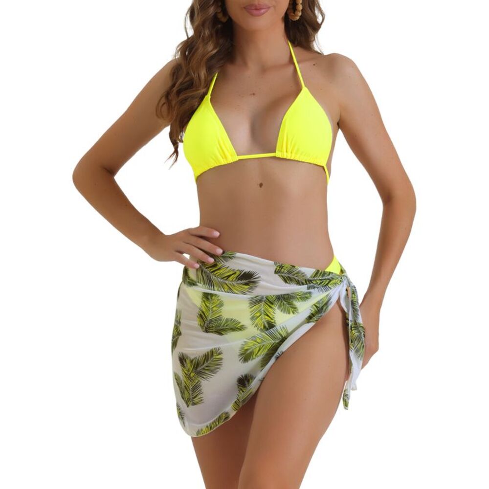 3 Piece Thong Leaf Print Cover Up Skirt Triangle Halter Bikini Sets Yellow